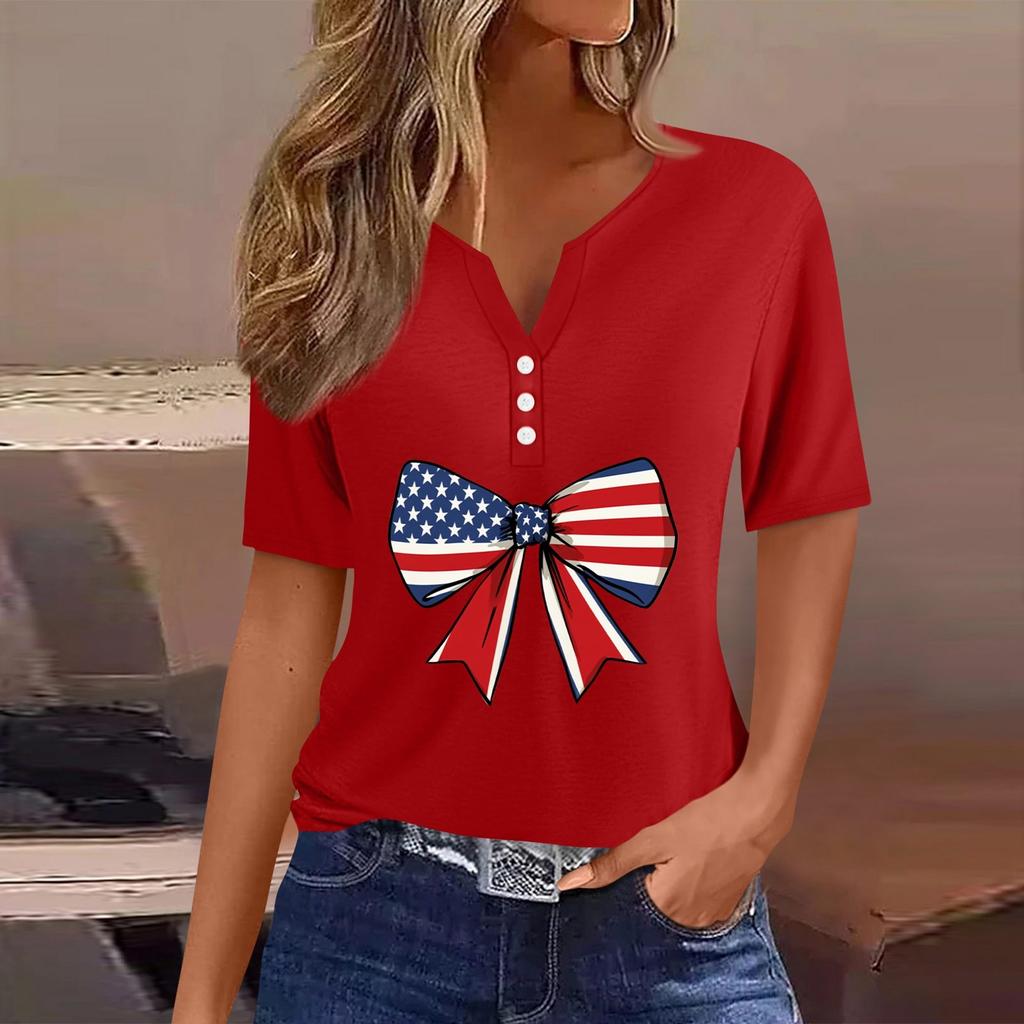 Women's T Shirt Tee Independence Day Print Button Short Sleeve Daily Weekend Fashion Basic V-Neck Regular Top