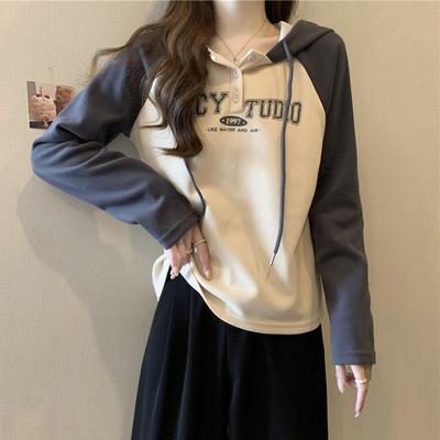 Wind Shot Cotton Hooded Sweater Women's Outfit Autumn and Winter Shoulder Splicing Niche Long Sleeve Top Women's Jacket