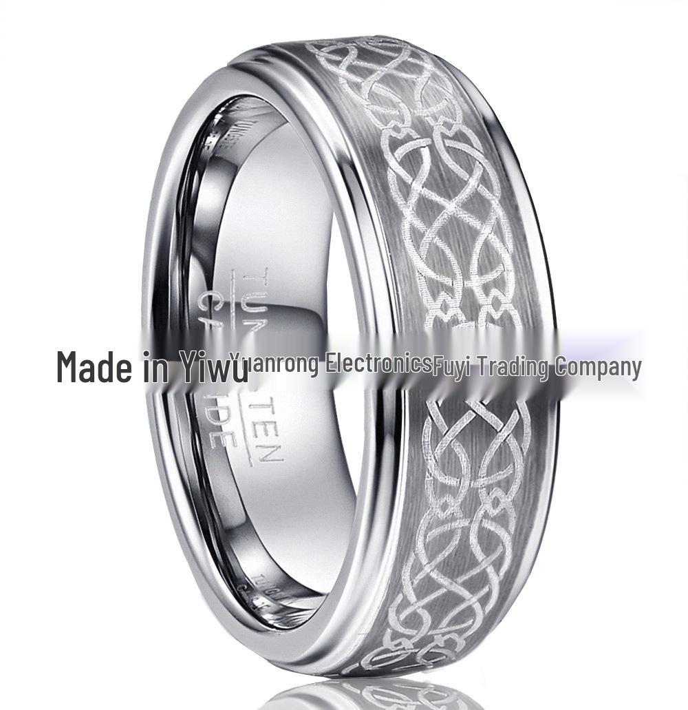 

Мужское кольцо из натурального карбида вольфрама с лазерным узором - Доступно в золотом тоне 9 серый/белый