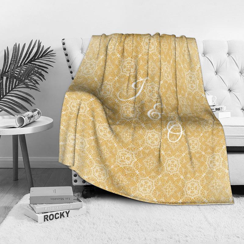 Golden Floral Pattern Fleece Blanket Boho Bed Cover Vintage Damask Throw Blanket Decorative Sofa Cover Home Decor Gift