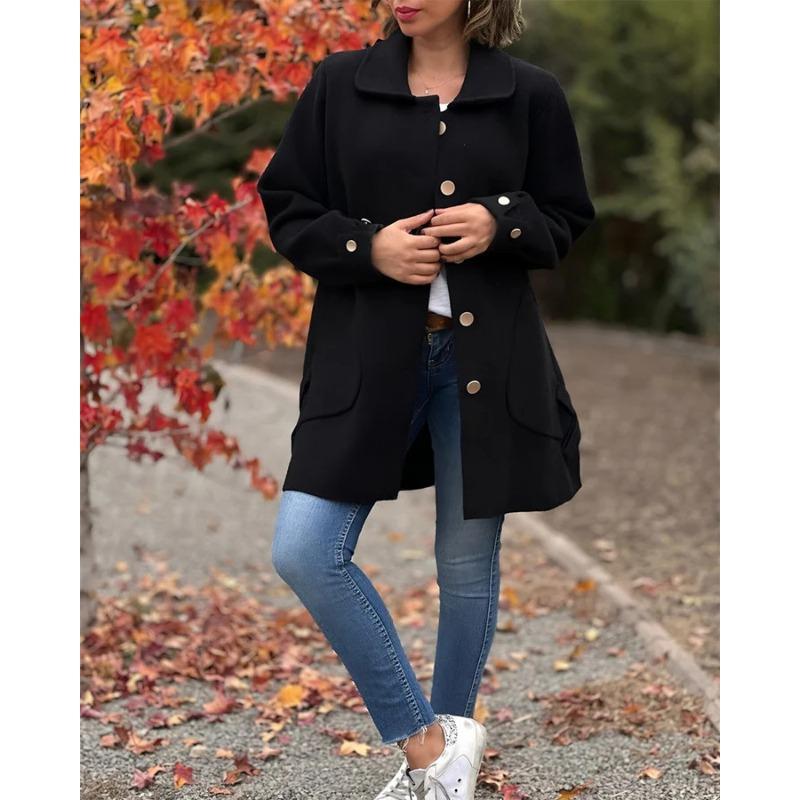 GMXIA Women's Vintage Casual Solid Color Print Autumn Winter Long Sleeve POLO Neck Jackets & Coats