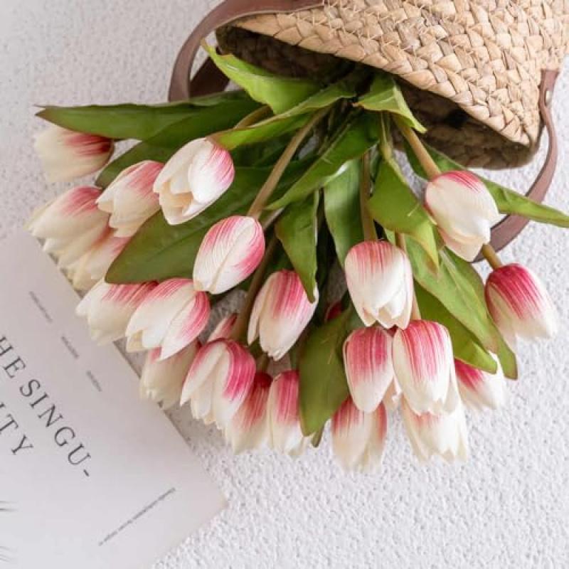 2 Bunches Artificial Tulip Bouquet - Fake Pink White Tulip Flowers with Green Leaves for Wedding Decor, Table Centerpieces & Home Accents