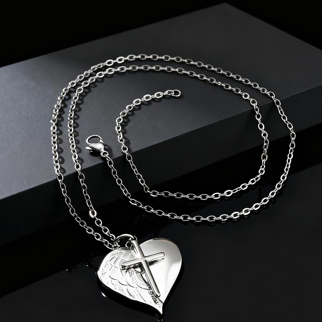 Fashion Cross Angel Wings Heart Pendant Necklace for Men Women Stainless Steel Creative Waterproof Jewelry Gift