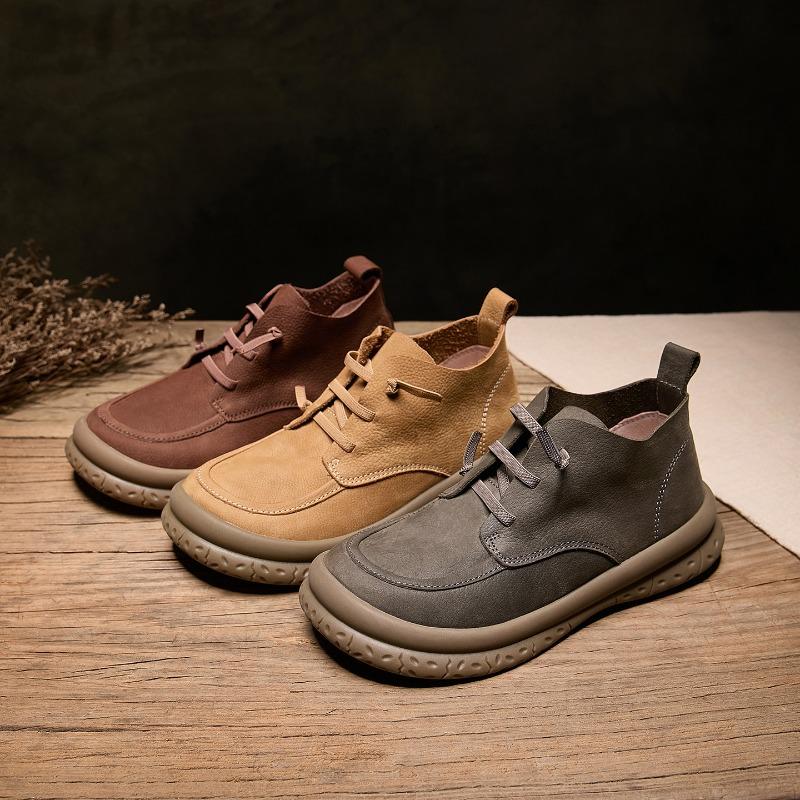 Best-selling Handmade Women's Shoes, Retro Round-toed Flat High-top Lace-up Soft Leather Women's Single Boots