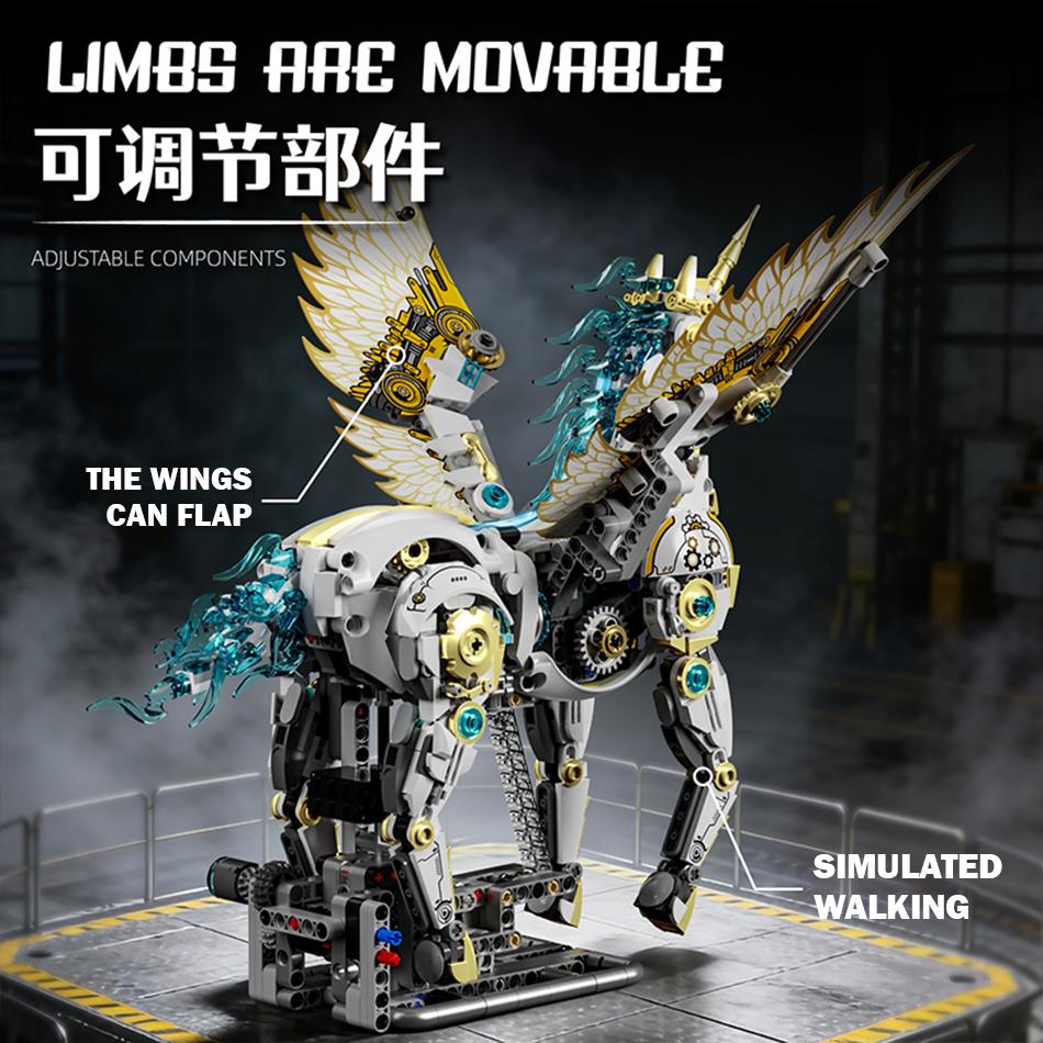 1499 PCS Mechanical Winged Unicorn Model Building Blocks with Motor LED Mythical Pegasus Alicorn Animal Bricks Toys Kids Gifts