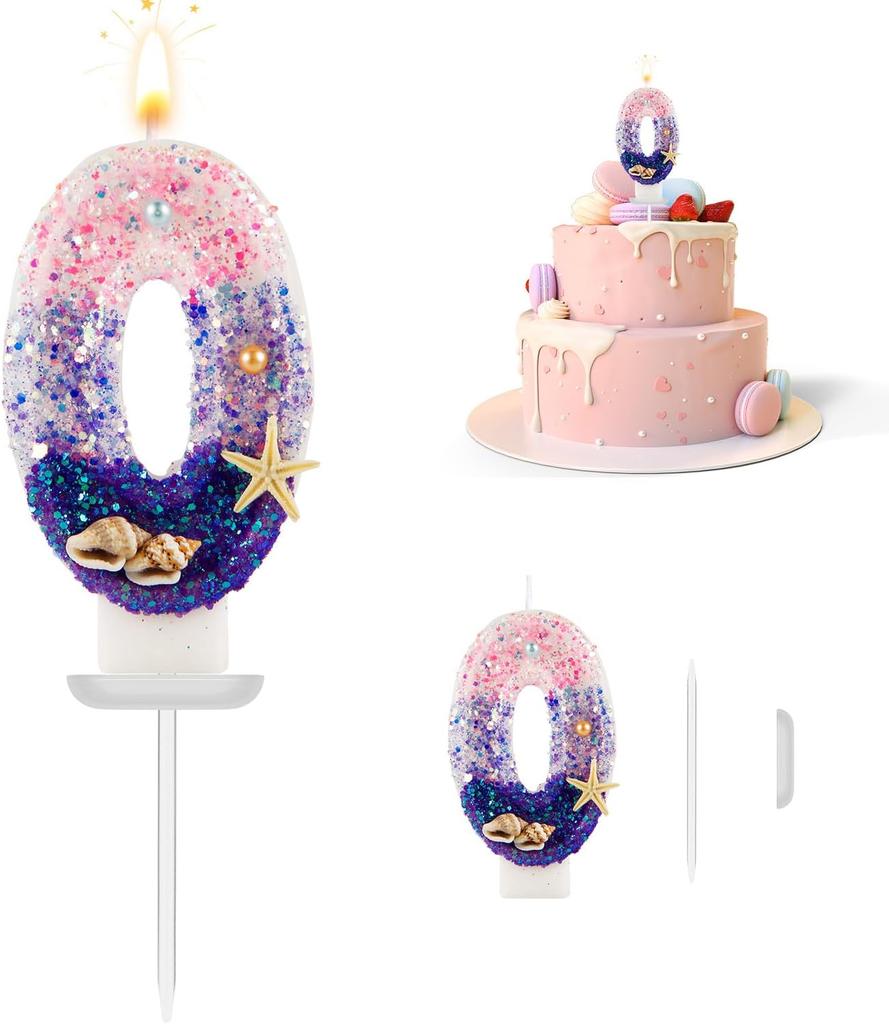 Birthday Number 1 Candles, Mermaid Theme Birthday Candles for Cake, Pink Purple Numeral Candle Cake Topper with Sequins