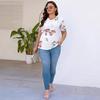 Sommer O-hals Hvit Kortermet Dame Rund Hals Blomsterprint Casual Mote Løs T-skjorte Topper