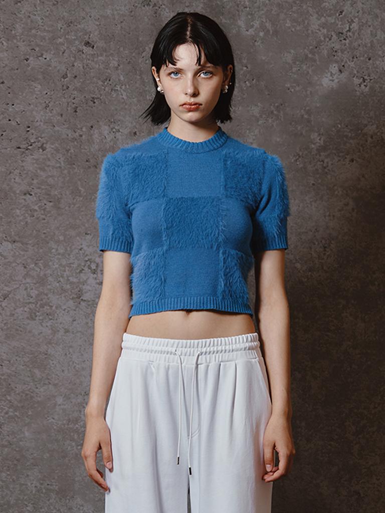 MEENDERI Soft Checkerboard Knit Top - Blue