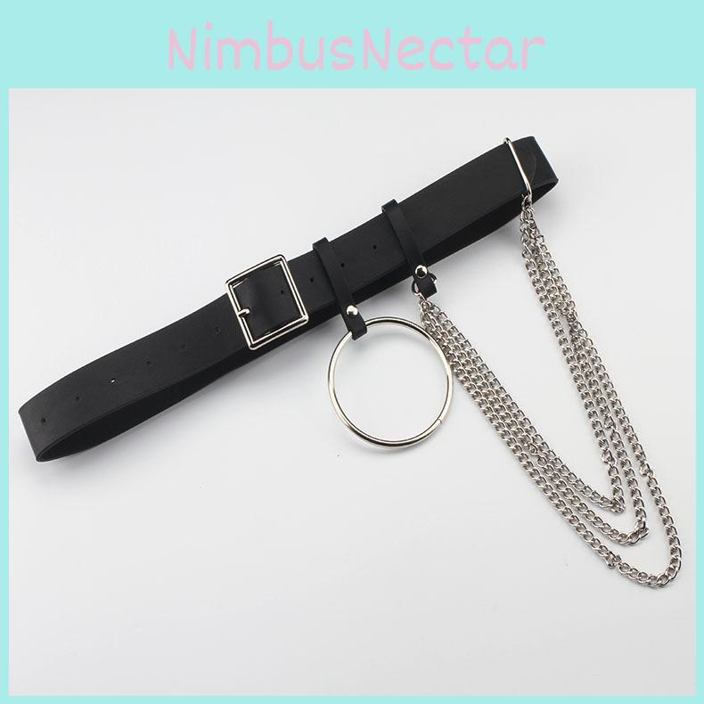 Fashionable Black Waist Belt With Circular Ring And Chain Tassel For Men And Women Fashion Accessory