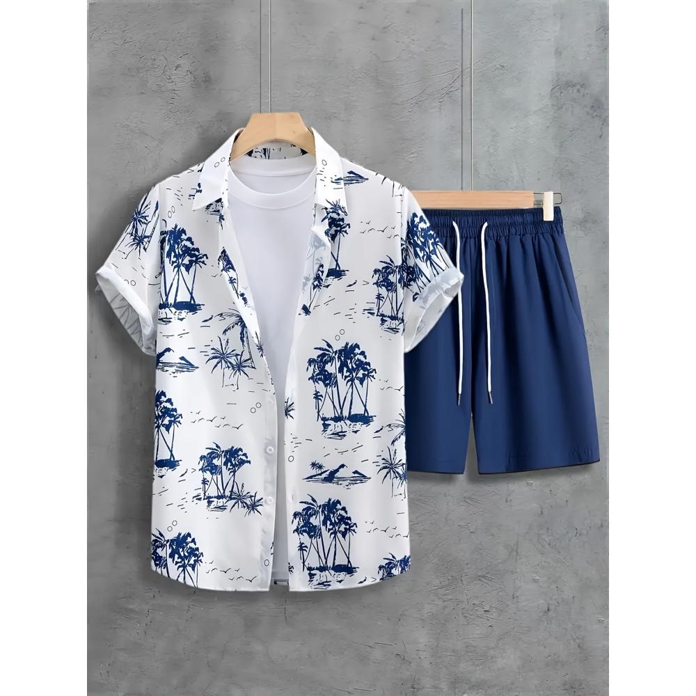 Men's Short-sleeve Shirt Printed Vacation-style Shirt Hawaiian Shirt Set Men's Fashion Loose Shirt and Shorts Set