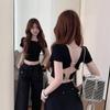 Black Backless Short Sleeve Women's T-shirt – Sleek Summer Design with Slimming, Elegant Fit