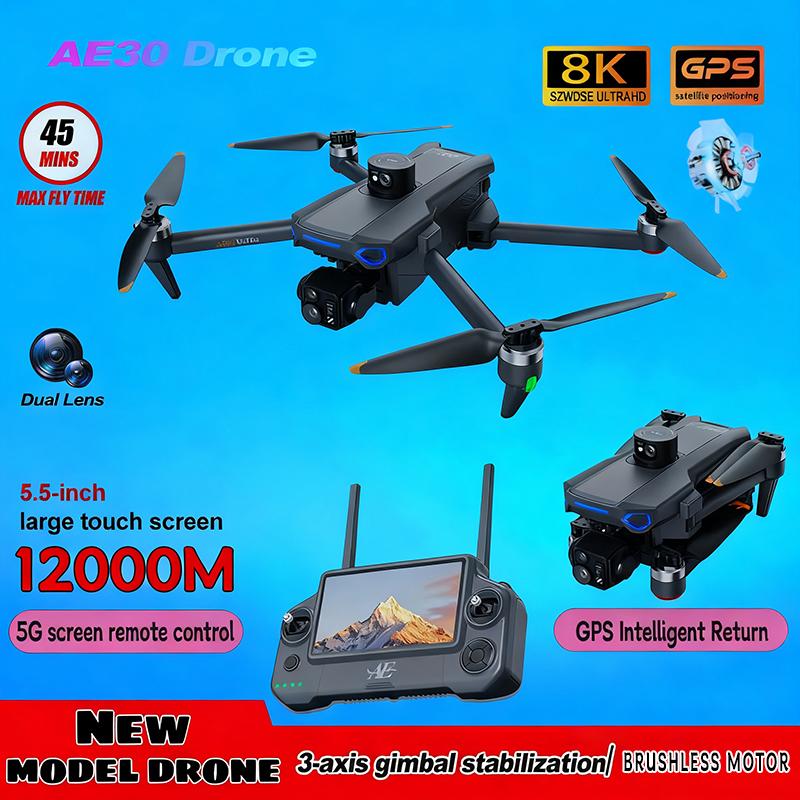 AE30 Ultra GPS Drone 4K Profesional HD Camera 3-Axis Gimbal Brushles Airdrop RC Quadcopter 5.5inch Screen Control Fishing Drones