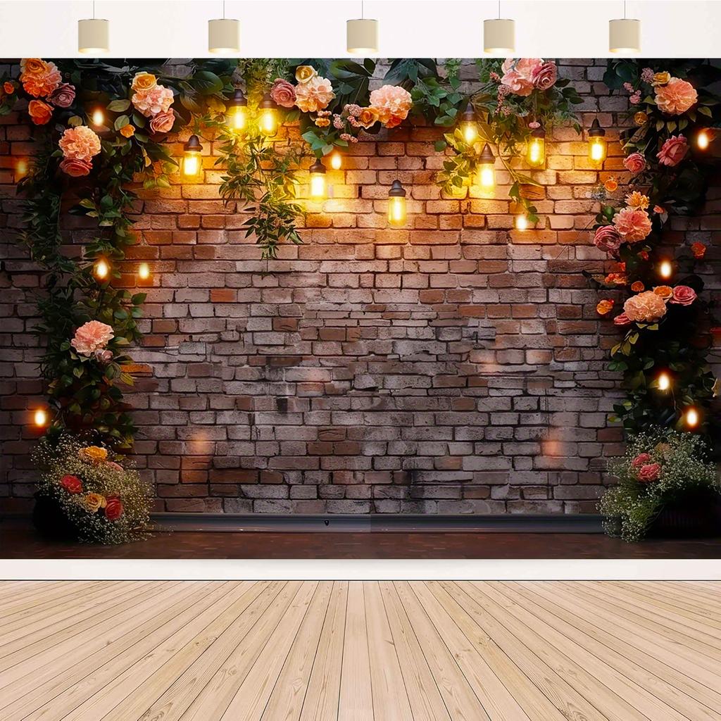 Rustic Brick Wall With Warm Lights And Pink Roses Tapestry Wall Hanging Forwedding Party Decorromantic Floral Art Print Backdrop