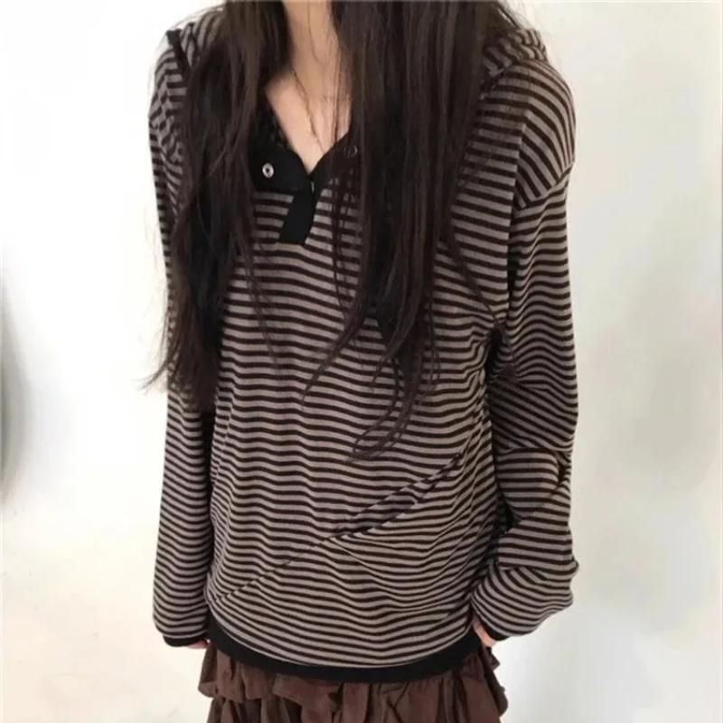Striped Long Sleeved Casual Fashion Hooded Women's Clothing Y2k Top