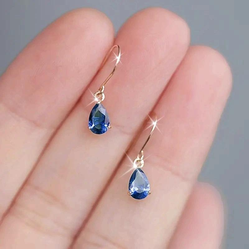 Elegant Luxury Blue Droplet Zircon Earrings, Classic French Court Style Drop Jewelry for Women синий