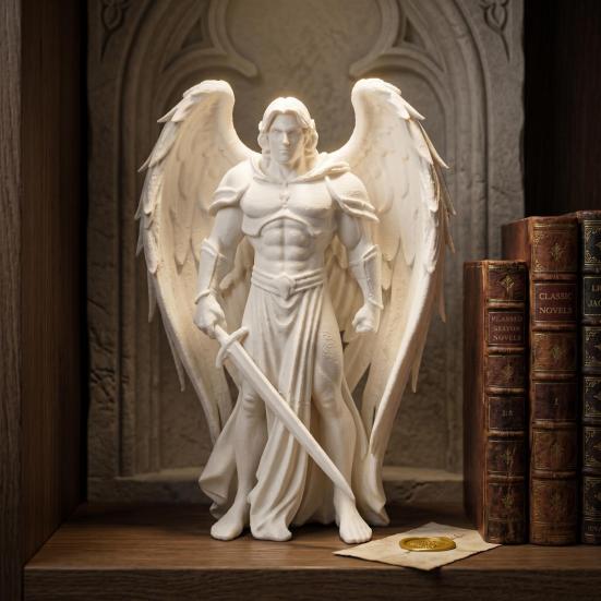 3D-gedruckte geflügelte männliche Engelsstatue Weiße Engelsfigur Stabile Basis Engelskrieger-Skulptur für Zuhause Büro Schreibtisch Regal Dekoration Geschenk Ornament