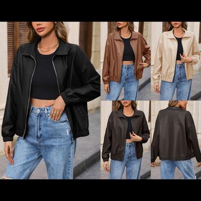 Chaqueta básica informal de PU de color sólido de manga larga, chaqueta de cuero sintético para motocicleta, abrigo con solapa para mujer