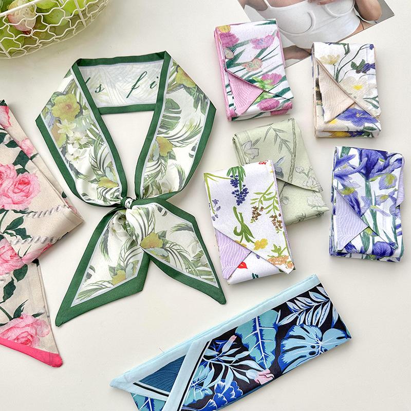 2025 Korean Fashion Flowers Pattern Women Twill Decorative Ribbon Small Scarf Binding Bag Handle Ribbon Hair Band Small Scarf