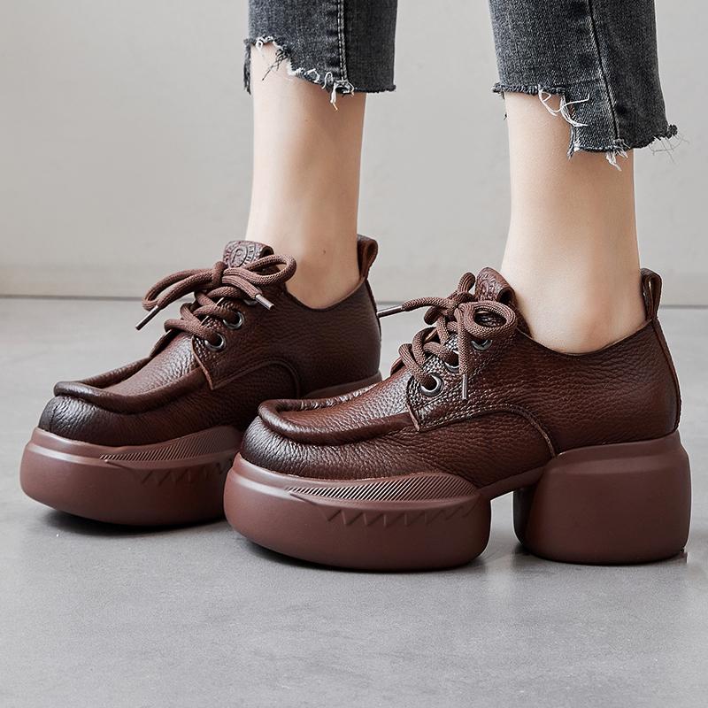 Fashion GKTINOO Thick Sole Pumps Versatile Genuine Leather Retro Women's Shoes 2025 Spring New Round Toe High Heel Platform Shoes