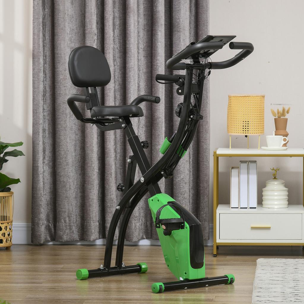 Cyclette Pieghevole 2-in-1 con Resistenza Magnetica a 8 Livelli, Elastico per Braccia, Sensore di Battito Cardiaco, Verde