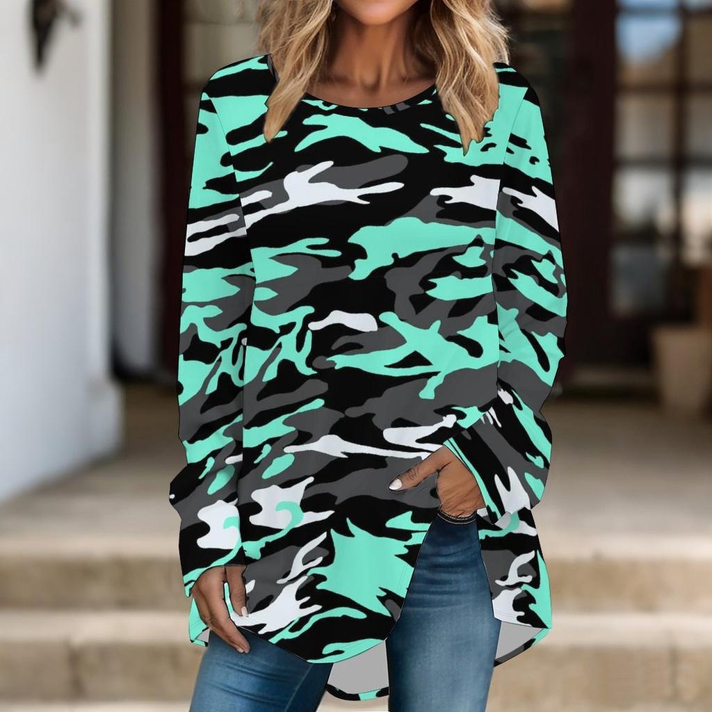 Women Long Sleeve Tunic Top Print Crew Neck Loose Fit Blouse With Pockets Casual Daily Wear Ladies Tops