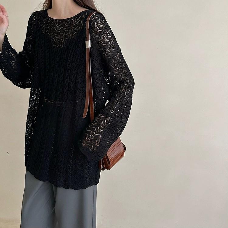 2024 Spring and Autumn New Lazy Wind Loose Long Sleeve Fashion Hollowed-out Slit Knitted Blouse