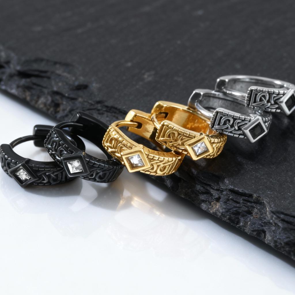 Vintage Vicking Hoop Earrings for Men Boys,Black Zircon Stainless Steel Huggies Hoop Earrings,Punk Jewelry Gift