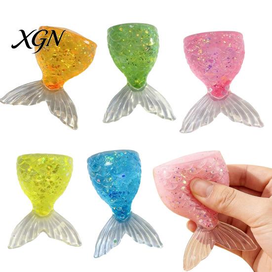 Stress Relief Hand Toy Transparent Fish Tail Squeeze Glitter Simulated Fishtail Anxiety Sensory Slow Rising Ball Decompression Gadgets Relaxation Desk