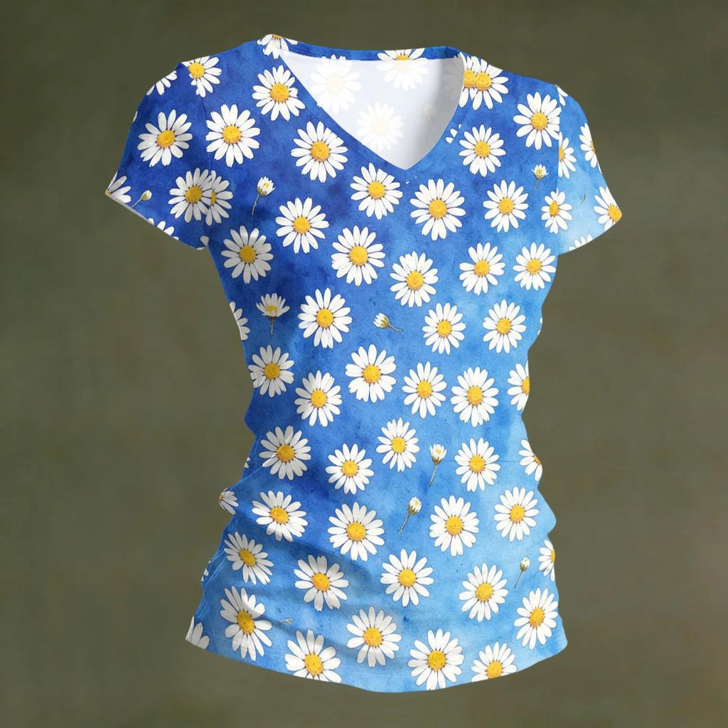 Women's Casual V Neck Short Sleeve Floral Print T Shirt Top Lightweight Comfortable Summer Tee with Daisy Pattern