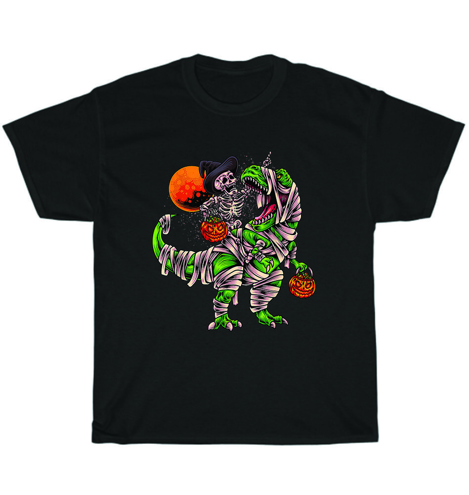 Skeleton Riding Mummy Dinosaur Pumpkin Moon Halloween Scary Party T-Shirt Unisex S
