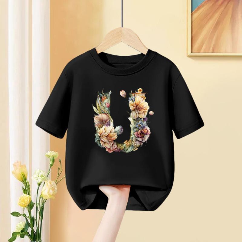 Blumenbuchstaben-Kombination personalisierter Druck Sommer lässig Kinder Schwarz modisch Polyester kurzärmeliges T-Shirt Top
