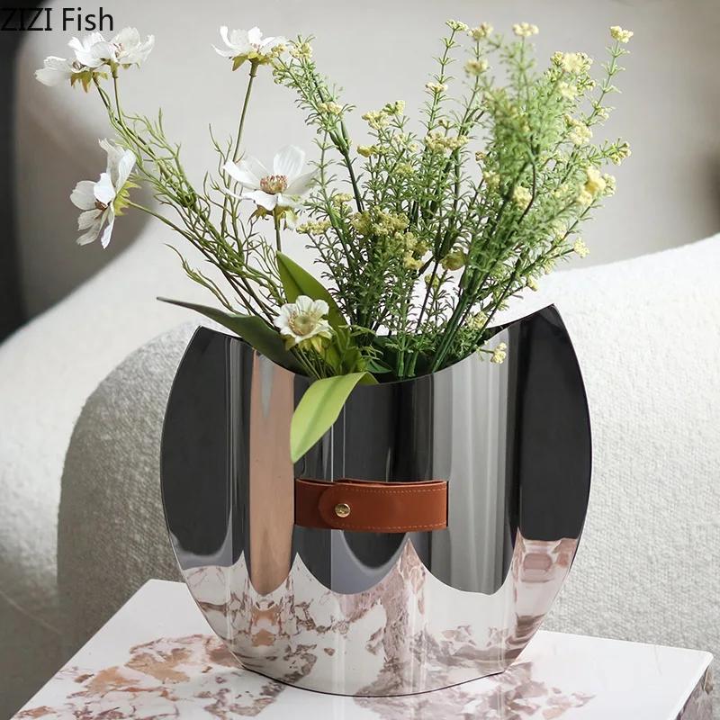 Silver Geometric Metal Vase Table Decoration Flowers Arrangement Artificial Flowers Decorative Vases Room Aesthetic Decor