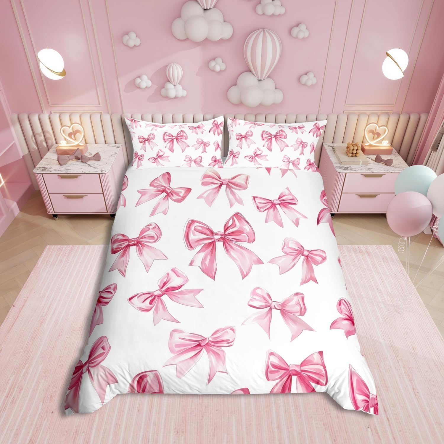 Ensemble de housse de couette Rose à nœuds Taille Simple Avec 1 taie d'oreiller Ensemble de literie Style Princesse Rêveuse Pour Enfants Filles Adolescents EU single(135x200cm) white
