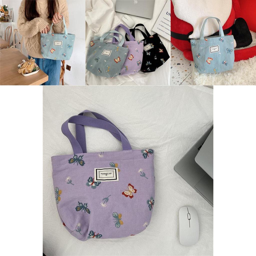 Adorable Purple Butterfly Embroidered Handheld Bag Trendy Cotton Linen Lunch Tote For Everyday Use And Stylish Outfits
