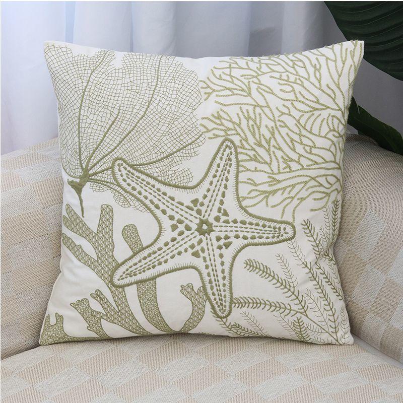 Federa Cuscino Ricamata con Stella Marina Coralli Foglie Spiaggia Copricuscino Schienale Cotone Casual per Divano Camera da Letto Decorazione 45X45Cm