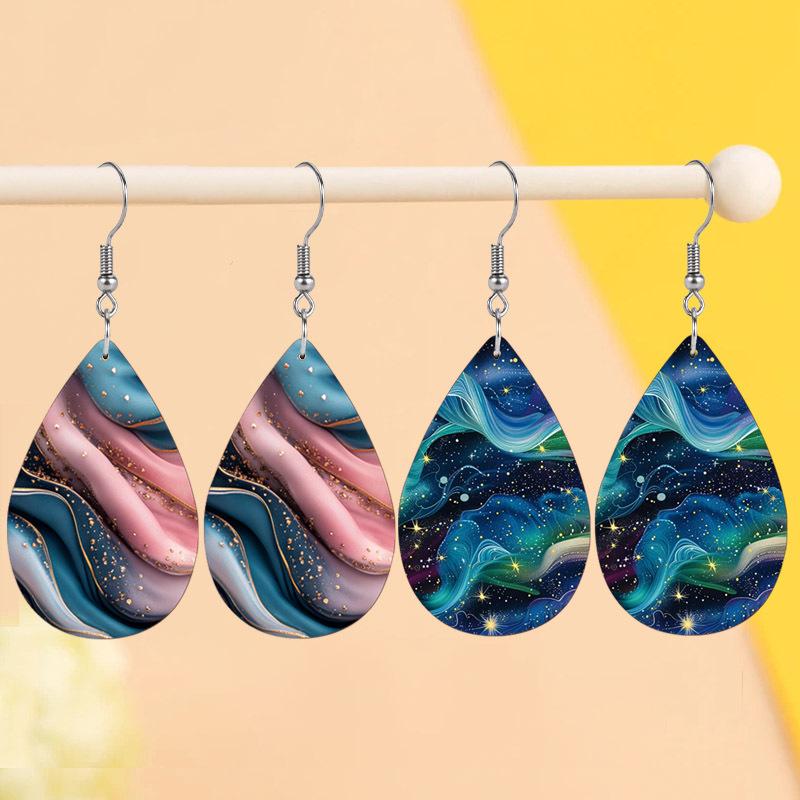 Boho Abstract Pink Blue Gilter Quicksand Print PU Earrings for Women Chic Spring Summer Blue Starry Sky Double Sided Print Waterdrop Earrings