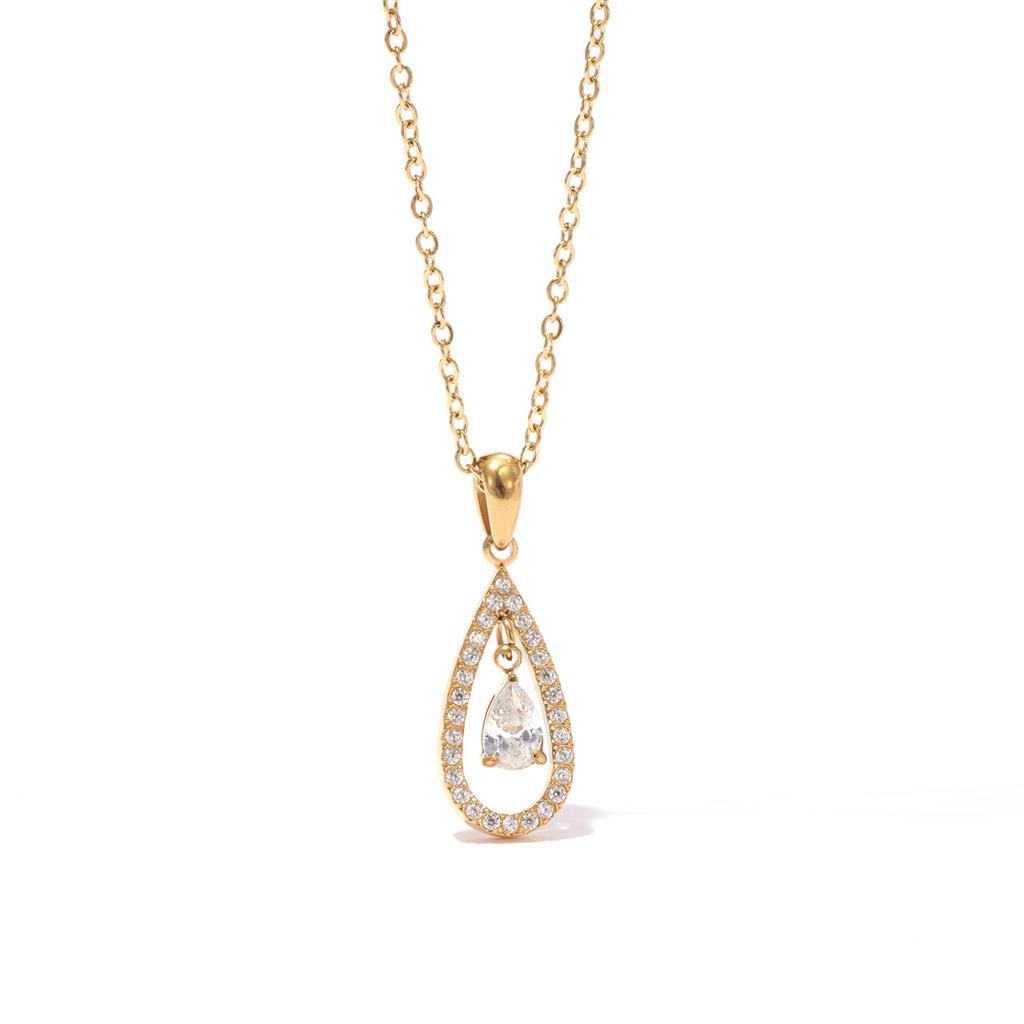 Fashion Minimalist Stainless Steel Jewelry 18k Gold Plated Waterproof Hollow Water Drop Shape Zircon Pendant Necklace YF6041