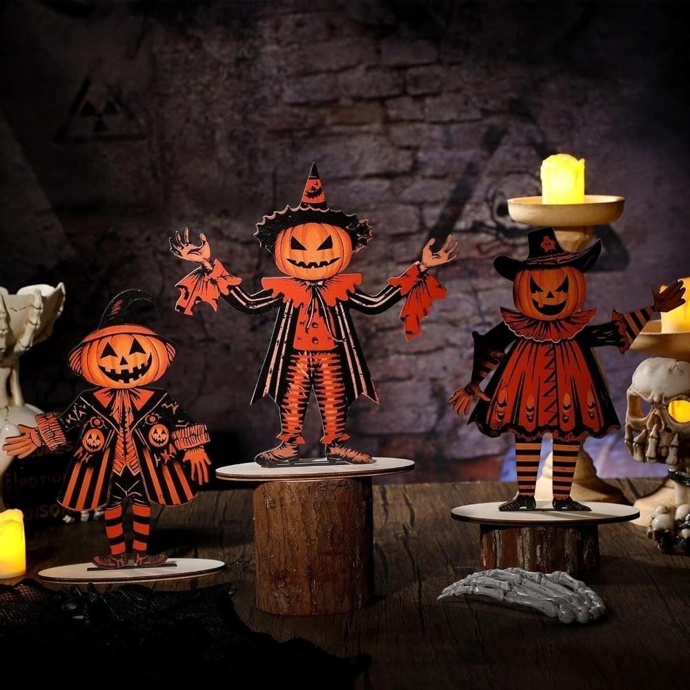 3Pcs Wooden Halloween Pumpkin Ornament 2D Flat Pumpkin Scarecrow Party Sign  Farmhouse Setting