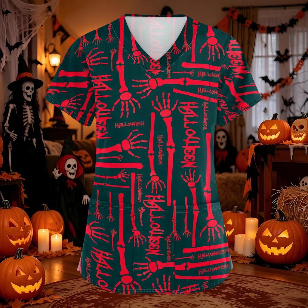 Women's Halloween Print Scrub Top with V-Neck and Pockets, Comfort Fit