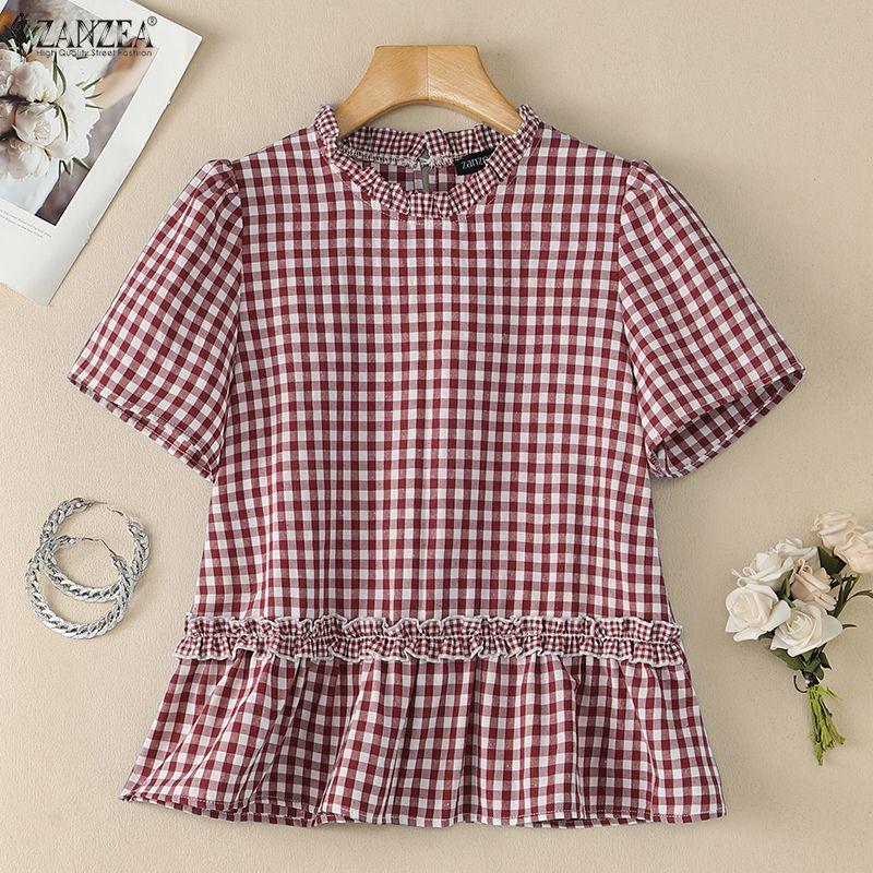 ZANZEA Women Casual Round Neck Plaid Print Loose Short Sleeve Blouse