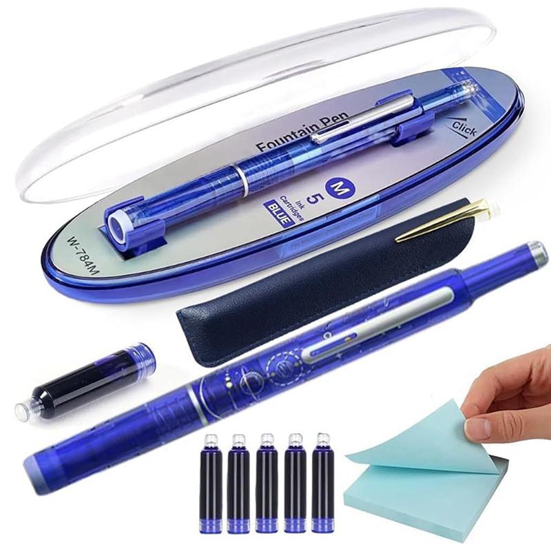 Fountain Pen Retractable 0.38Mmink Medium Nib Transparent Barrel For Calligraphy Includes 5 Refillable Ink Cartridges 1 Pen Case