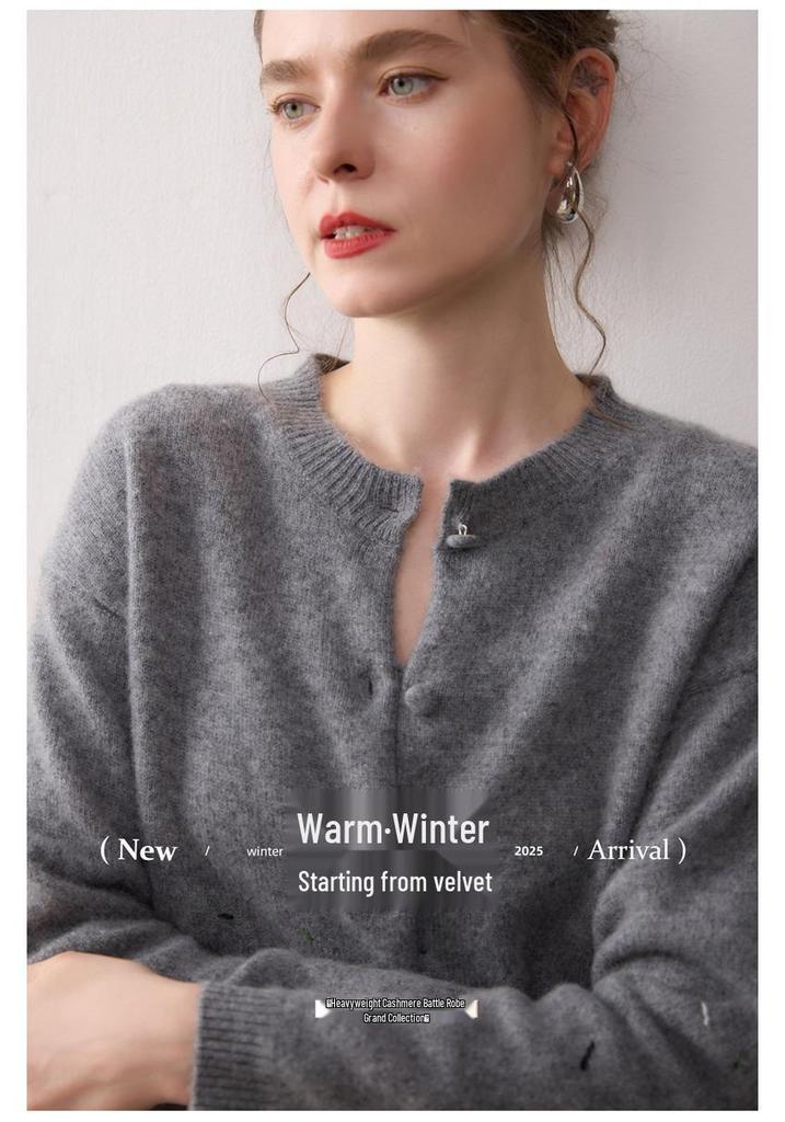 Autumn/Winter 2025 Women's Cashmere Animal Embroidery Knit Cardigan - Loose Fit, Round Neck, Button Closure Sweater