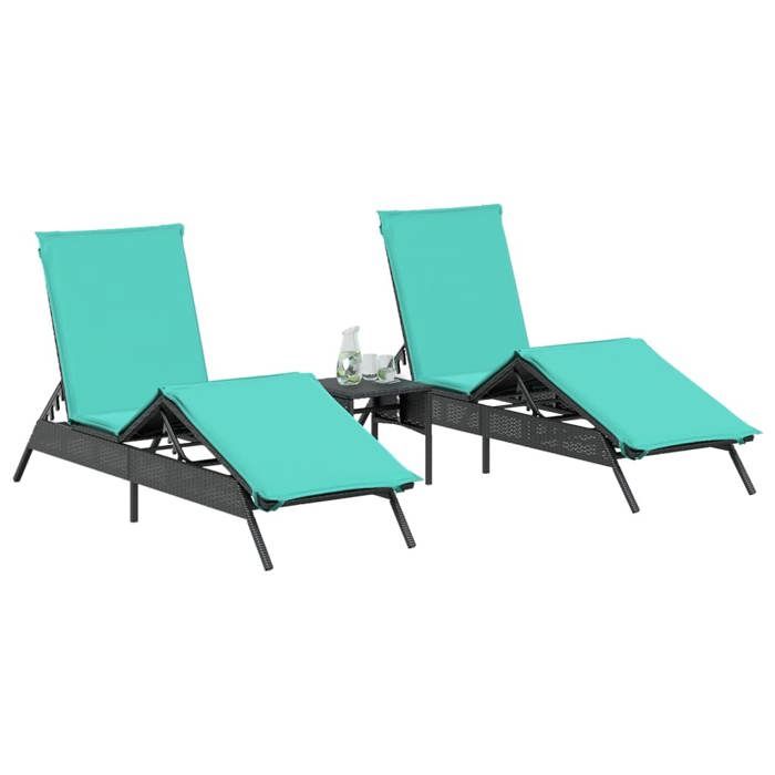VidaXL Sun Loungers Set of 2 with Table Black Wicker, Sunbed, Garden Daybed, Outdoor Furniture, Chair 4002718