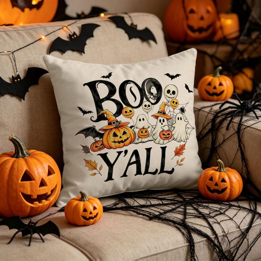 Halloween Decorative Pillow Cover Linen Fabric Indoor Sofa Cushion Case with Witch Ghost Pumpkin Spider Web Design for Autumn Seasonal Home Decor