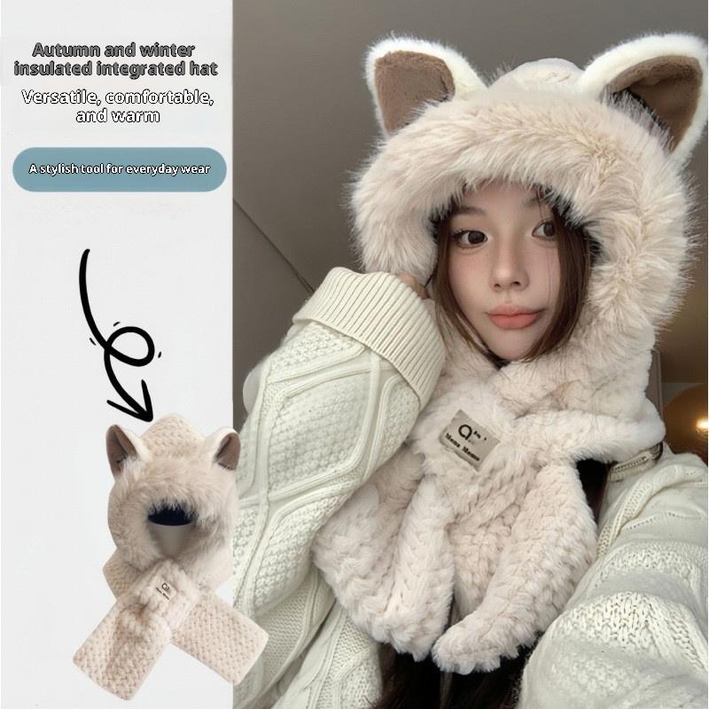 Thickened One-Piece Fox Ear Scarf Hat Winter Warm Ear Protection Neck Warmer Fashionable For Men Women Children Babies