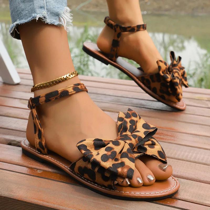 Fashion Fashion Leopard Print Flat Sandals for Women Summer 2025 Soft Comfort Beach Shoes Woman Elastic Band Roman Dress Sandalias Mujer