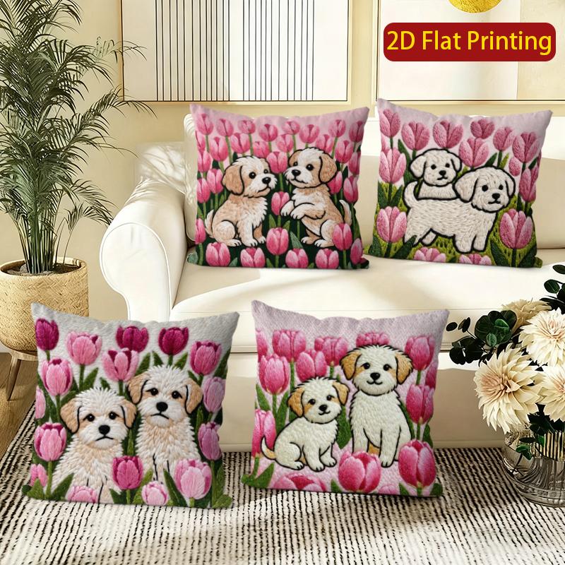 Cute Puppy Tulip Flower Throw Pillow Covers Pattern Cushion Cover Suitable For Sofa Bedroom Car Pillow Cover