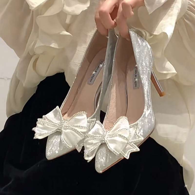 Wedding shoes women 2025 spring and autumn new French stiletto silver sexy bridesmaid high heels fairy style bow single shoes