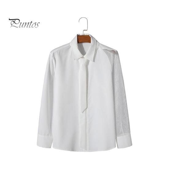 

Весна-осень Мужская рубашка с отложным воротником и сетчатыми рукавами, однотонная однобортная рубашка для официального делового стиля, для клубных вечеринок S белый