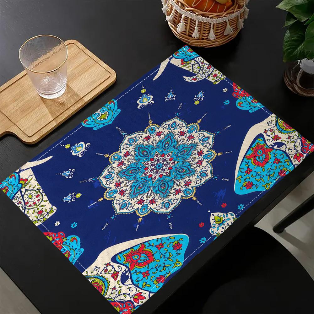 4PC Bohemian Indian Mandala and Elephant Placemats30x45CM Christmas Table Mats for Party Kitchen Dining Decor Placemat 6.17